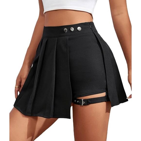 Black Skort High Waist Pleated Button Asymmetrical Skirt Buckle Detail SMALL - Picture 1 of 5